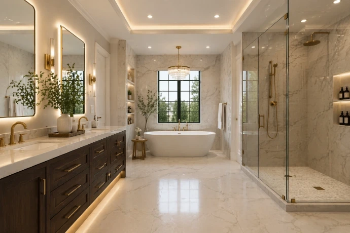 Luxury bathroom renovation with freestanding tub, glass walk-in shower, marble-style tile, double vanity, gold fixtures, and modern lighting for an elegant Tampa Bay home upgrade.